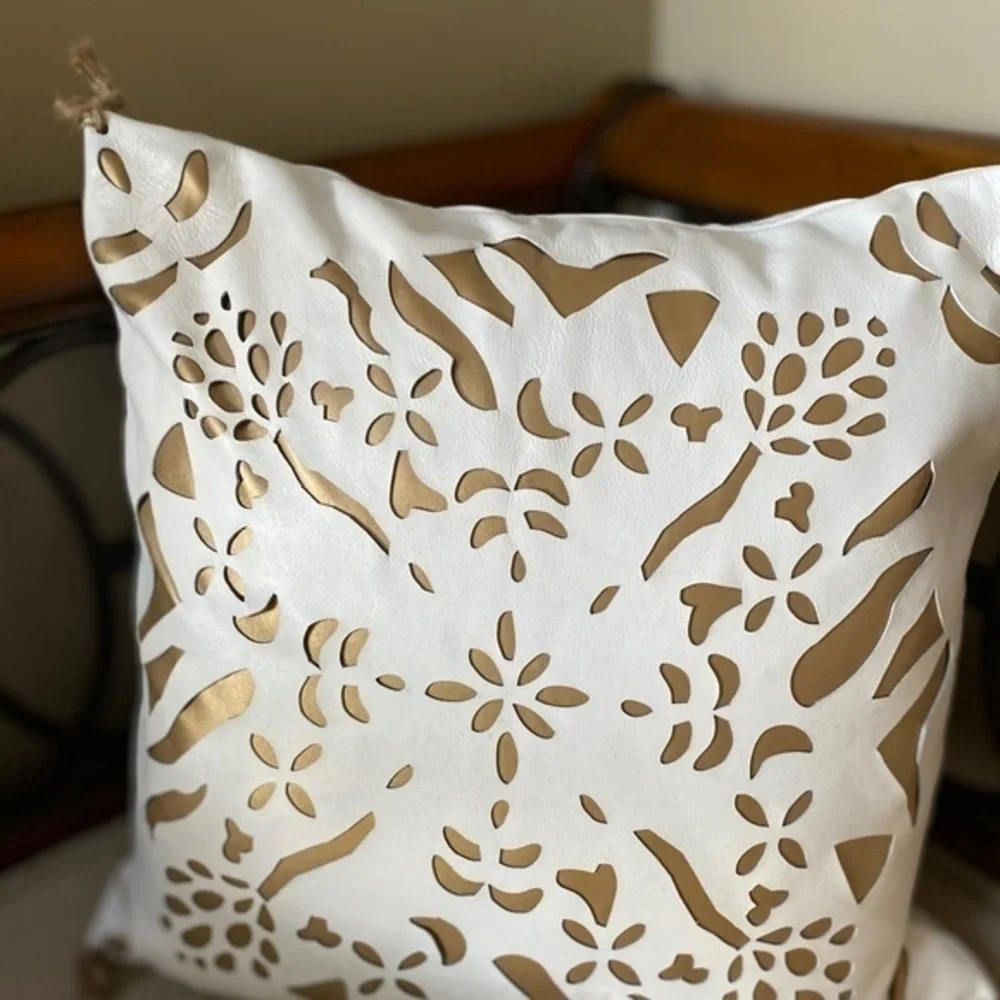 Anthropologie White Leather Gold Inlay Pillow